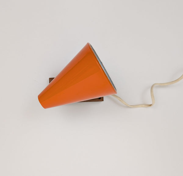 1960's Danish Mid-Century Modern Orange Metal Cone Wall Sconce